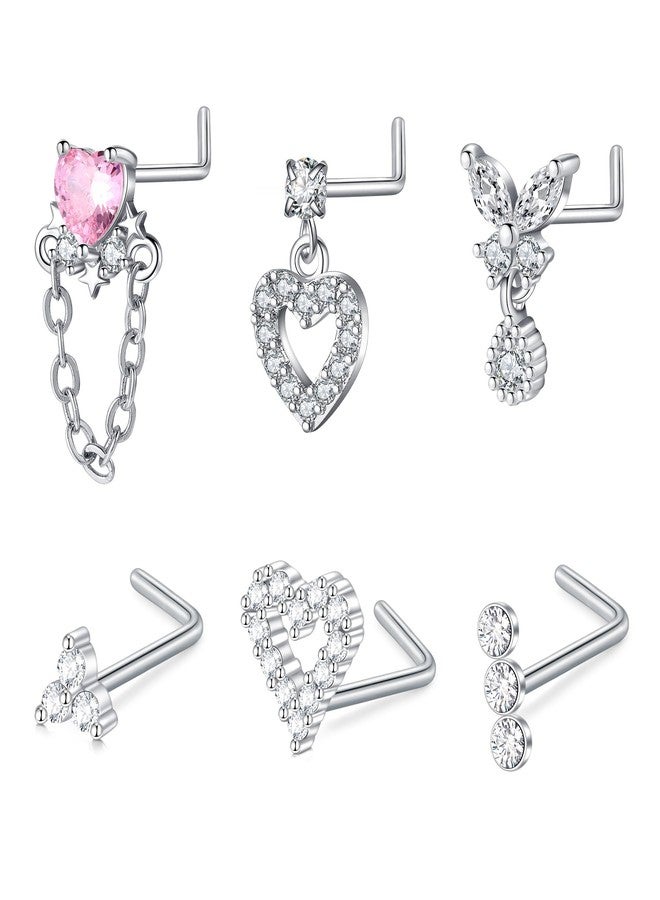 JFORYOU 6PCS 20G Dangle Nose Rings Studs Stainless Steel L Shaped Nose Studs Heart Butterfly CZ Nose Rings for Women Men Nostrial Piercing Jewelry Silver - Image 1